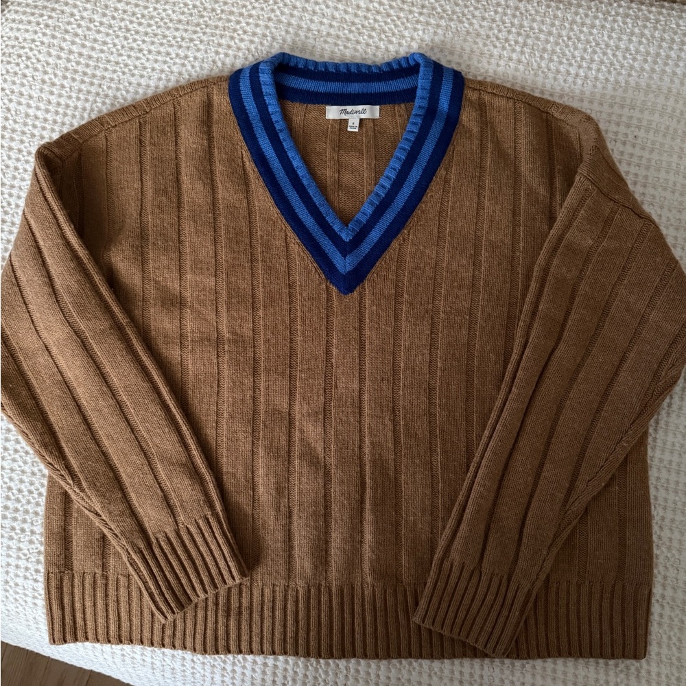 Madewell Brown V-Neck Sweater with Blue Trim
